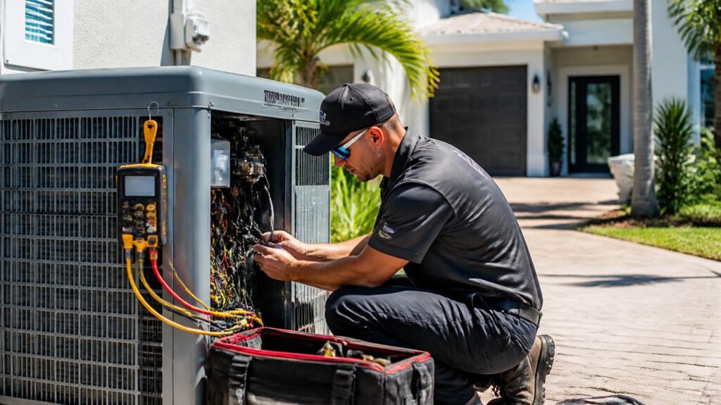 HVAC technician performing preventive maintenance on residential air conditioner in Orlando.