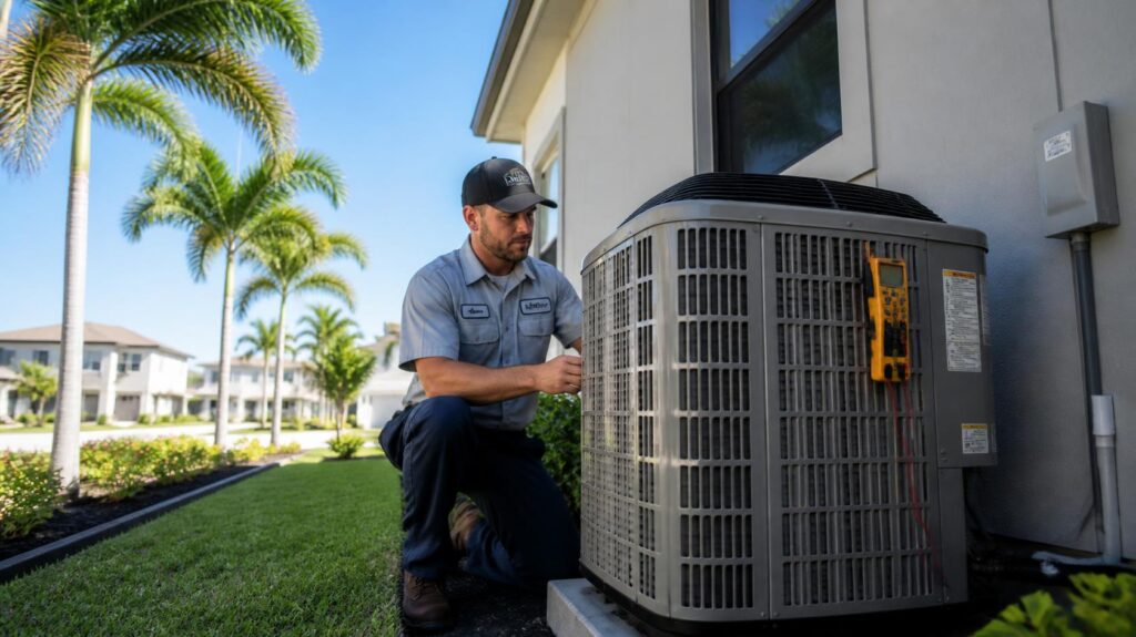 Technician inspecting residential air conditioning unit in Orlando Florida