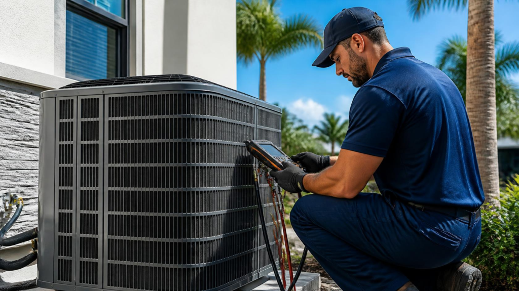 HVAC technician inspecting a modern air conditioning system using new refrigerant technology in Orlando Florida