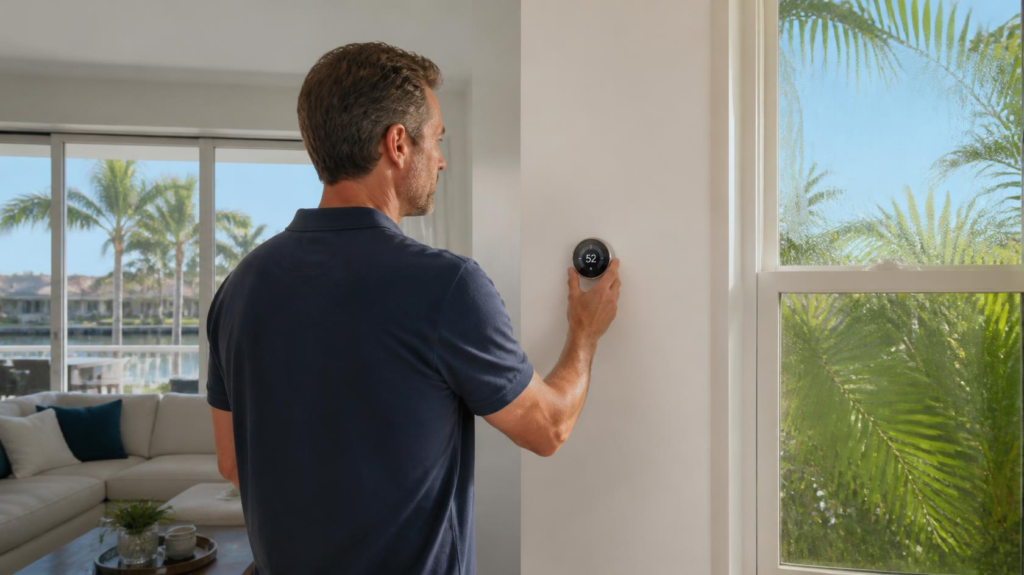 Florida homeowner checking indoor humidity while air conditioning system is running