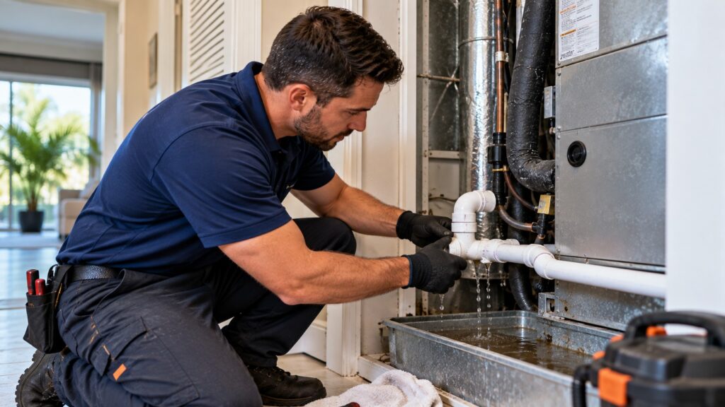 HVAC technician inspecting a leaking AC condensate drain in an Orlando Florida home