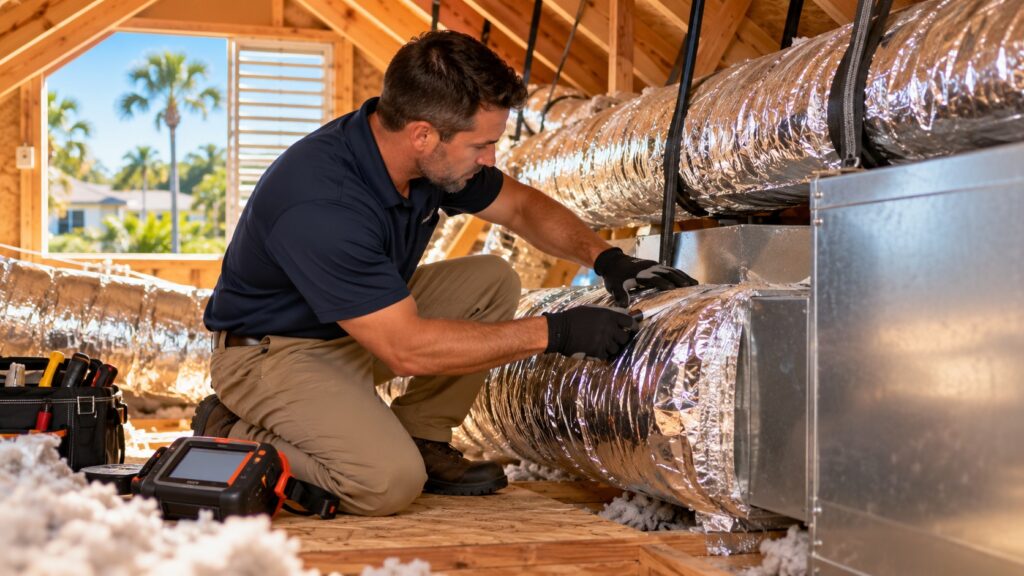 HVAC technician inspecting air duct connections in a hot Florida attic
